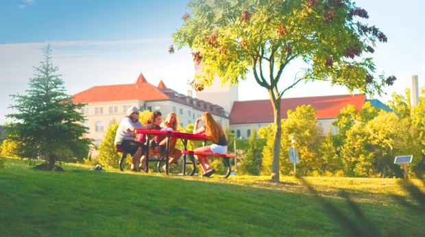 Four students sit at a picnic table in between two trees on a lawn at La Roche University on a summer day. The Providence Heights building is in the background.