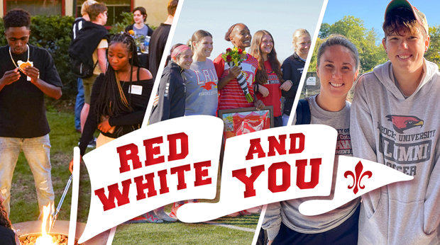 Collage of students engaging in various activities at a university event, featuring elements themed with 'Red, White, and You' in bold text, indicating school spirit, with the university logo displayed.