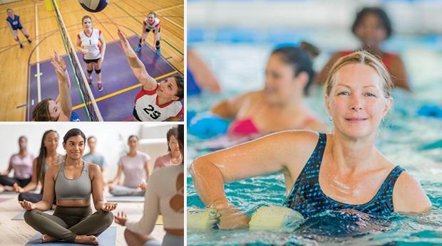 Left: A person is sitting on fitness mat during a yoga class. Right: A person is in the pool exercising for a water aerobics class.