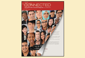 The Fall/Winter 2014 cover of the La Roche magazine. The masthead titled Connected appear in red at the top. There is a collage of international students.
