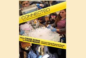 The Spring/Summer 2018 cover of the La Roche magazine. There are photos of students in the crime lab. A mashead titled Connected appears on a yellow bar across the photos.