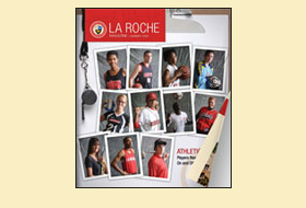 The Summer 2009 cover of the La Roche magazine. There is a collage of student athletes on a clipboard.