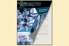 The Summer 2015 cover of the La Roche magazine. The masthead titled Connected is in blue at the top. There is a collage of photos with a blue filter showing students and faculty in the classroom.