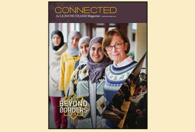 The Winter/Spring 2016 cover of the La Roche magazine. The masthead titled Connected is at the top. The cover photo is a group of women standing together.